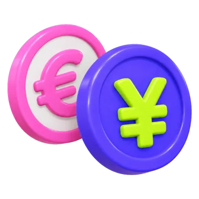 A pair of 3D coins, one with a yen symbol and one with a euro symbol.