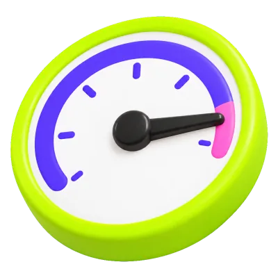 A 3D speedometer with the needle at maximum.